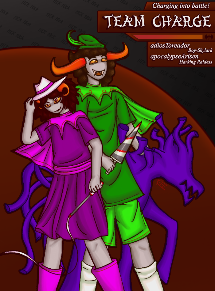 A digital drawing of the members of a younger and smiling Team Charge, with a bonus Horsaroni.